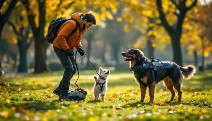 A photograph of a dog walker engaging with a playful dog in a vibrant park setting