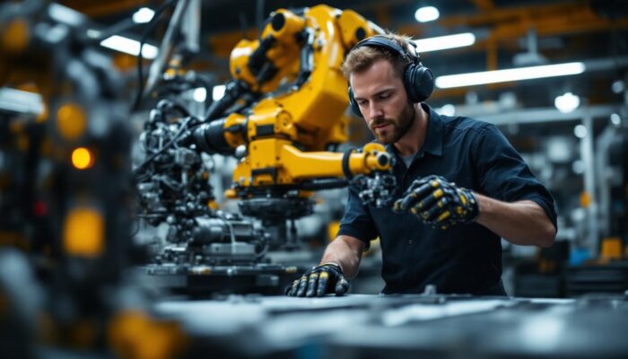 A photograph of a skilled mechanic working on a complex industrial robotic arm in a well-lit workshop