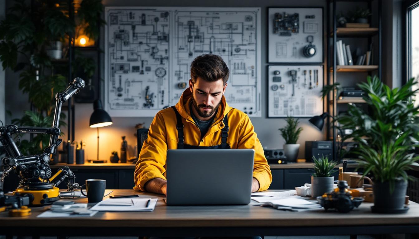 A photograph of a mechanical engineer working remotely in a modern home office