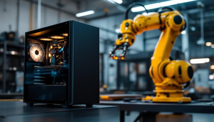 A photograph of a sleek horizontal pc case prominently displayed alongside a modern industrial robotic arm in a well-lit workshop setting