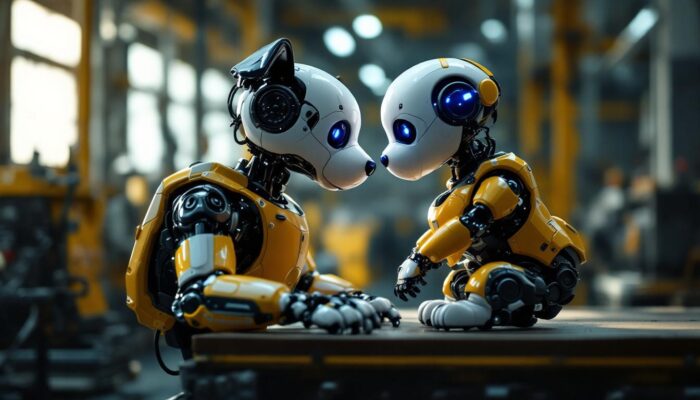 A photograph of a realistic robotic puppy interacting playfully with a human in an industrial setting