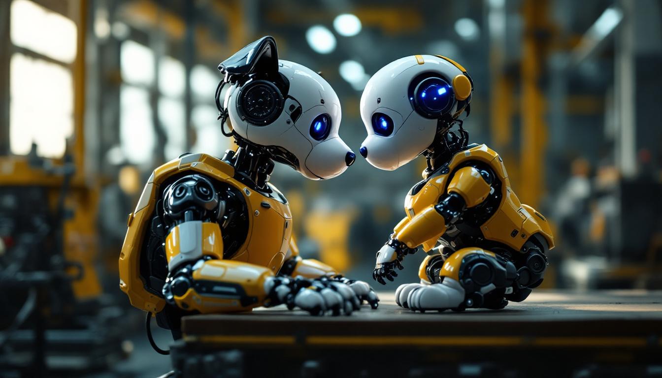 A photograph of a realistic robotic puppy interacting playfully with a human in an industrial setting