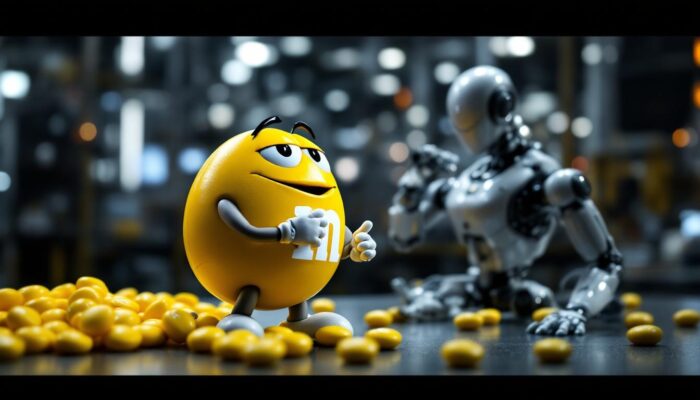 A photograph of a vibrant yellow m&m candy alongside a sleek industrial robot in a factory setting