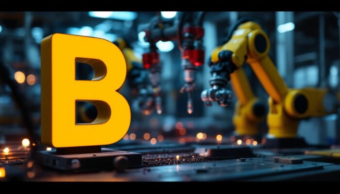 A photograph of capture a photograph of the boston b logo prominently displayed on a backdrop of an industrial setting