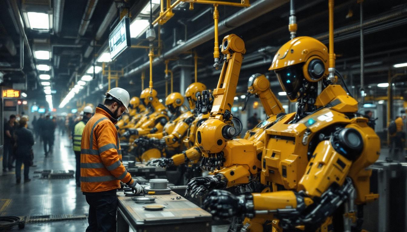 A photograph of a bustling new york city subway station featuring transit workers in action alongside industrial robots at work
