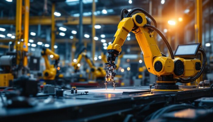 A photograph of a dynamic industrial setting featuring a robotic arm in action