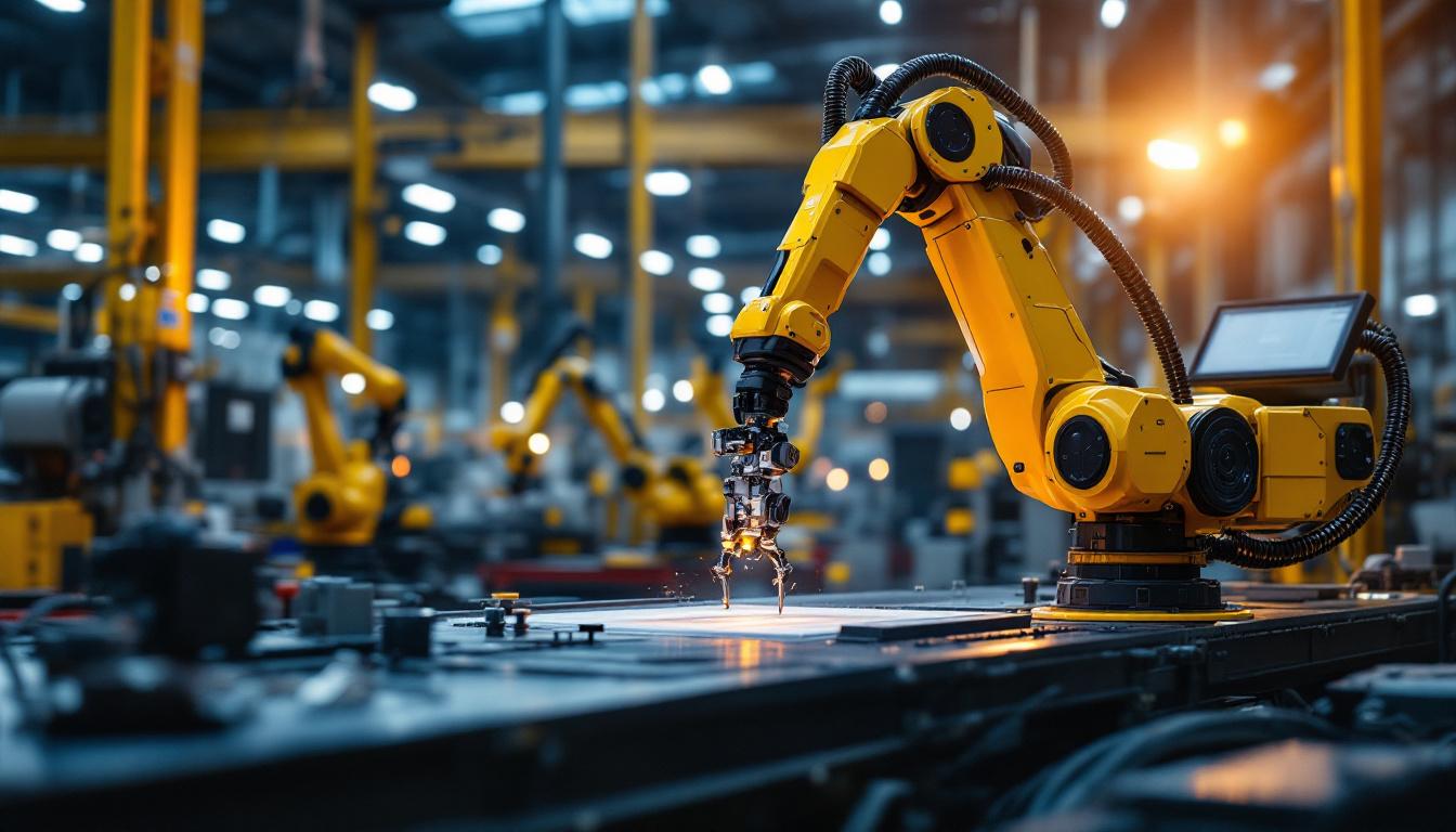 A photograph of a dynamic industrial setting featuring a robotic arm in action