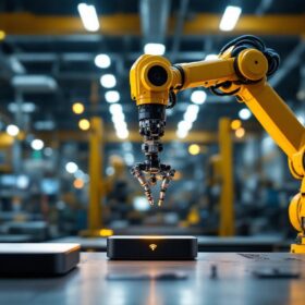 A photograph of a modern industrial workspace showcasing a robotic arm in action