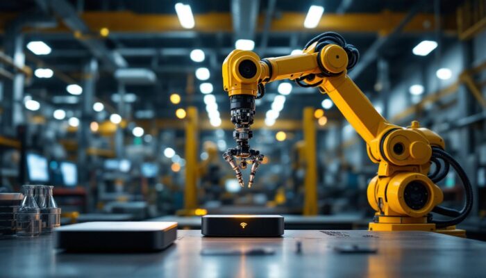A photograph of a modern industrial workspace showcasing a robotic arm in action