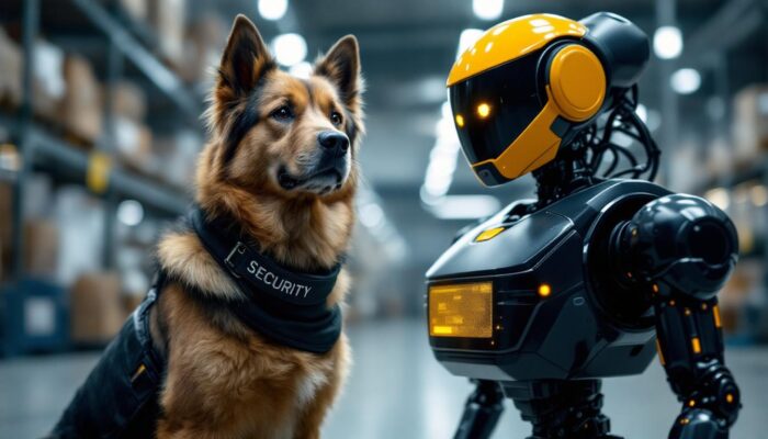 A photograph of a security guard dog standing confidently beside a sleek industrial robot in a modern warehouse setting