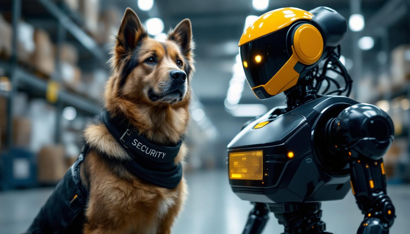 A photograph of a security guard dog standing confidently beside a sleek industrial robot in a modern warehouse setting
