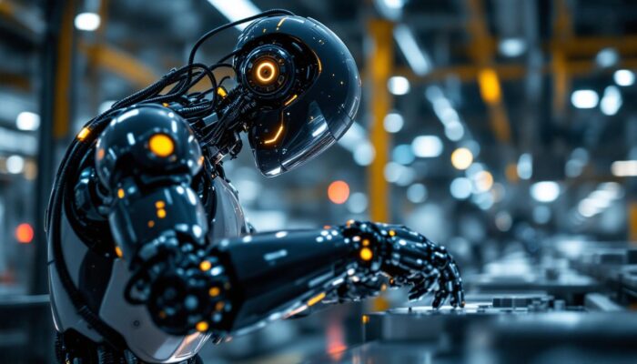 A photograph of a sleek industrial robot in action within a modern manufacturing environment