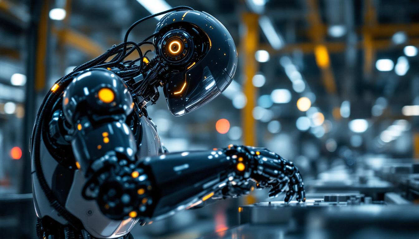 A photograph of a sleek industrial robot in action within a modern manufacturing environment