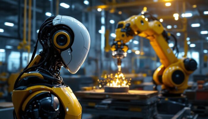 A photograph of a modern industrial robot in action within a manufacturing environment