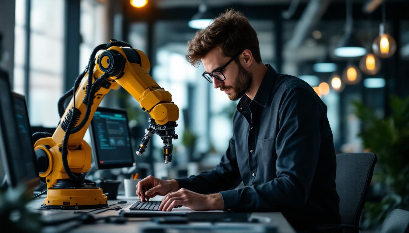 A photograph of a software engineer in a modern office setting