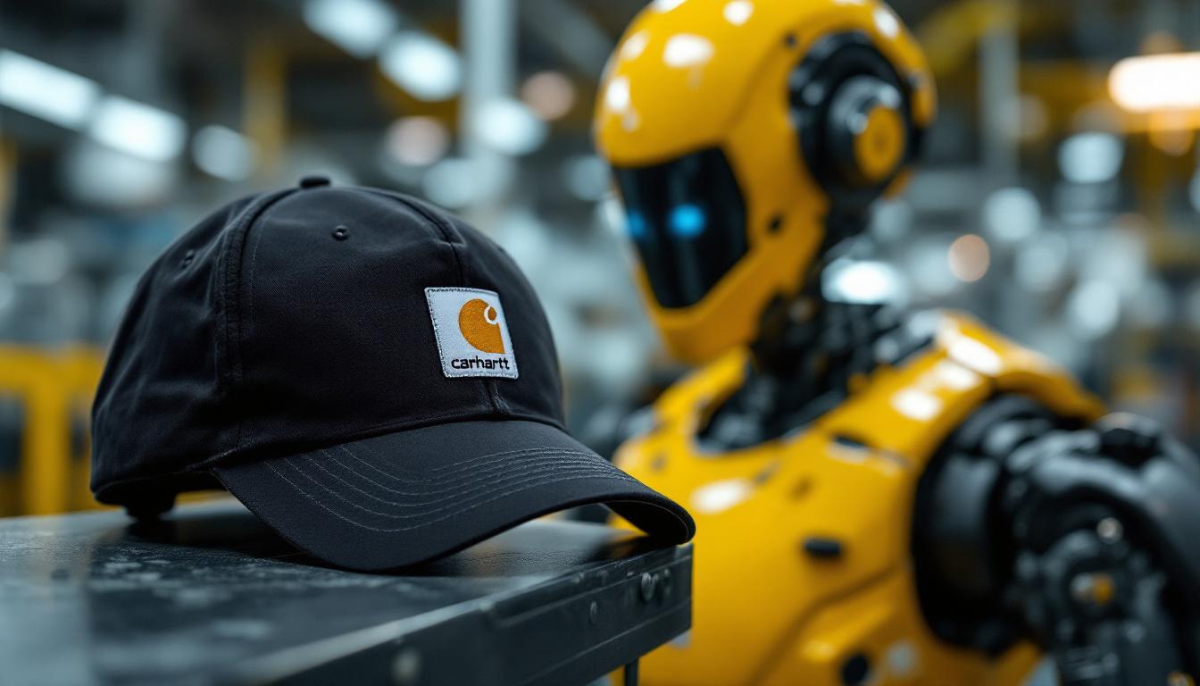 A photograph of capture a photograph of a carhartt watch cap prominently displayed alongside a sleek industrial robot in a dynamic workspace