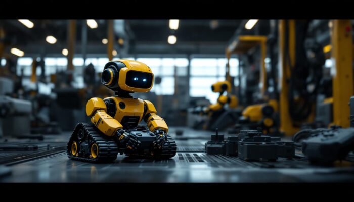 A photograph of a mini remote-controlled robot in action within an industrial setting