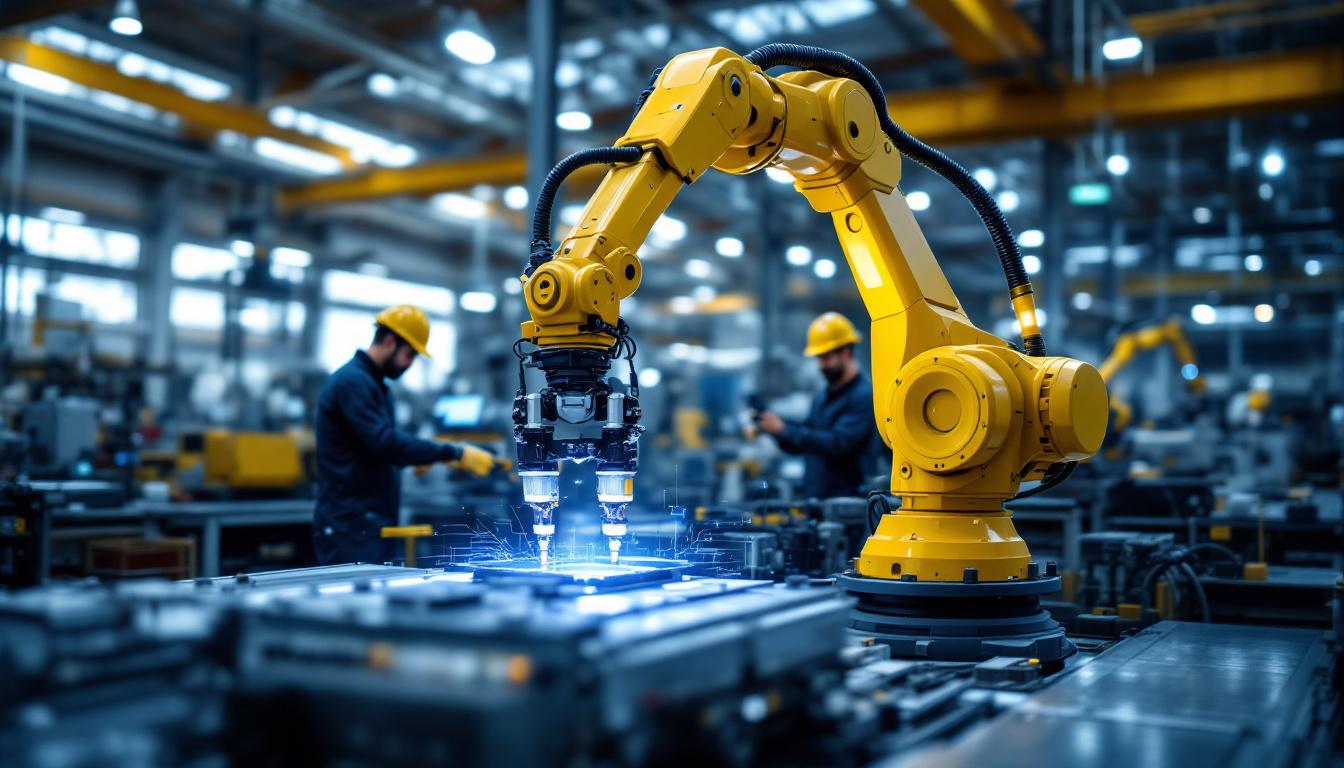 A photograph of a dynamic industrial setting featuring a robotic arm in action