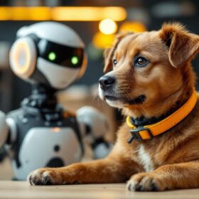 A photograph of a playful dog with a vibrant collar sitting next to a sleek industrial robot in a modern workspace