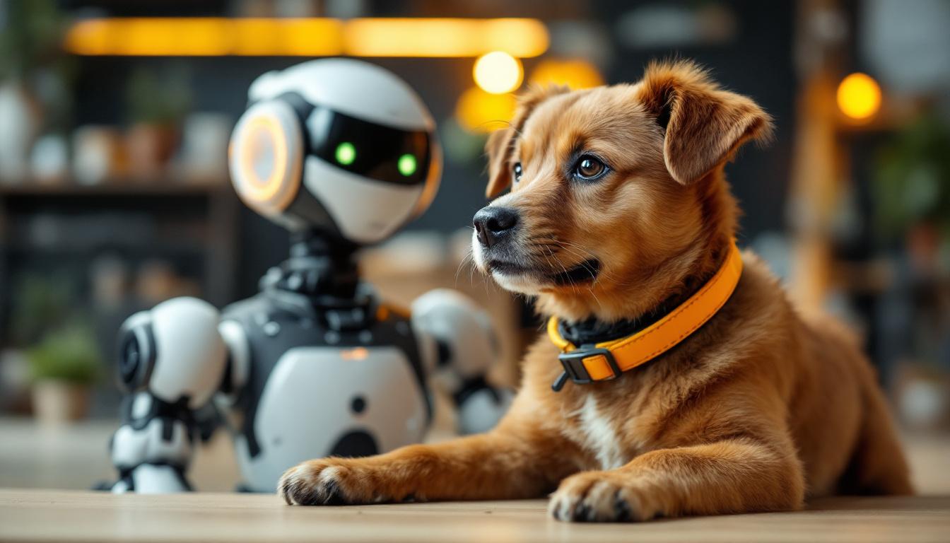 A photograph of a playful dog with a vibrant collar sitting next to a sleek industrial robot in a modern workspace