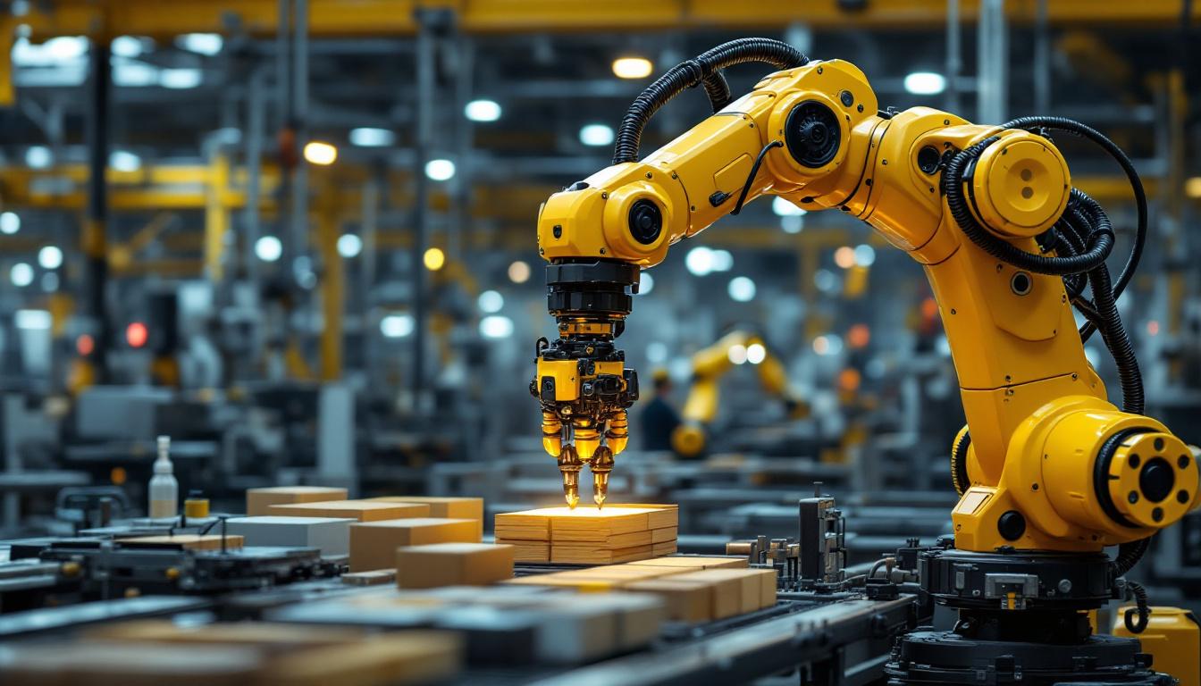 A photograph of a high-tech industrial robotic arm in action within a factory setting