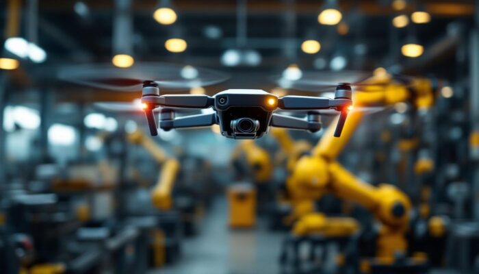 A photograph of a drone in flight over an industrial setting