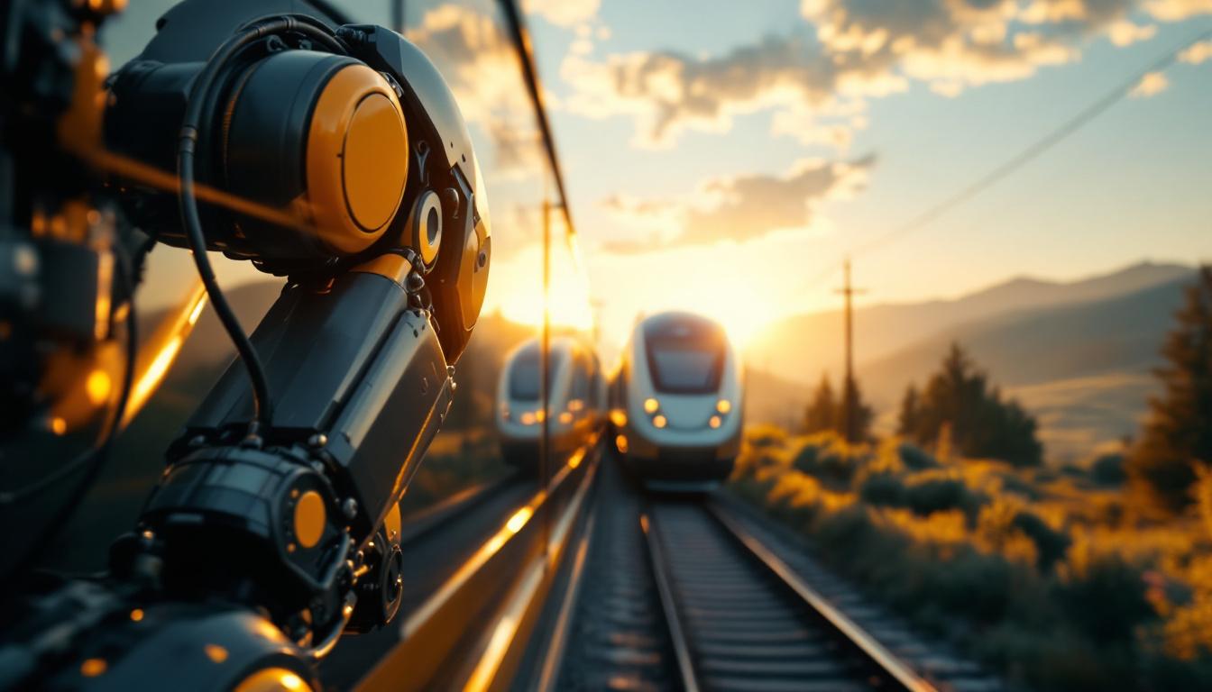 A photograph of capture a photograph of a sleek train traveling through a scenic landscape