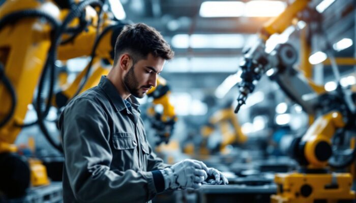 A photograph of a dynamic industrial workspace featuring a skilled technician interacting with advanced robotic arms