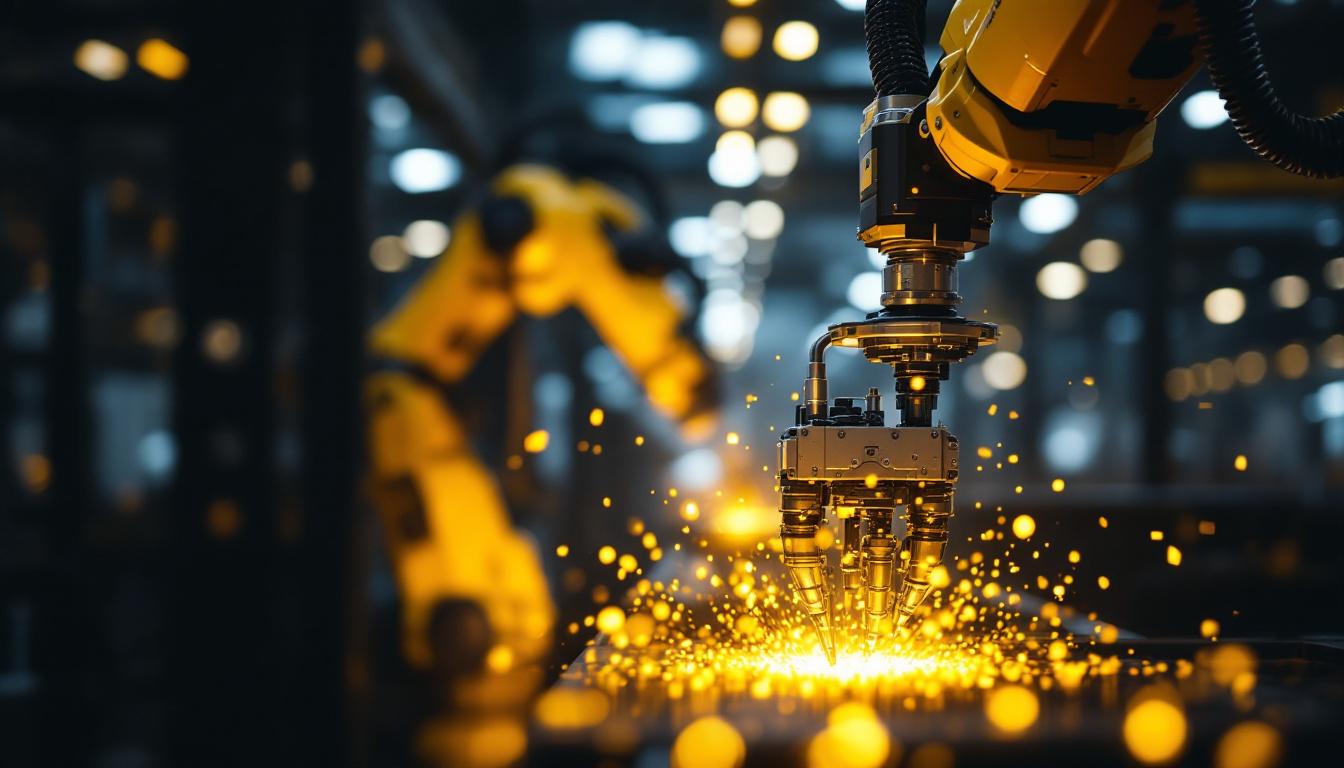 A photograph of capture a photograph of an industrial robotic arm in action at the portland group facility in billerica