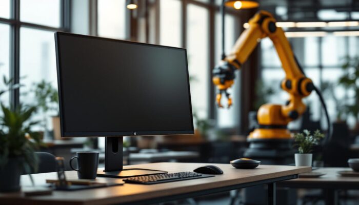 A photograph of a sleek floor-mounted monitor stand in a modern workspace