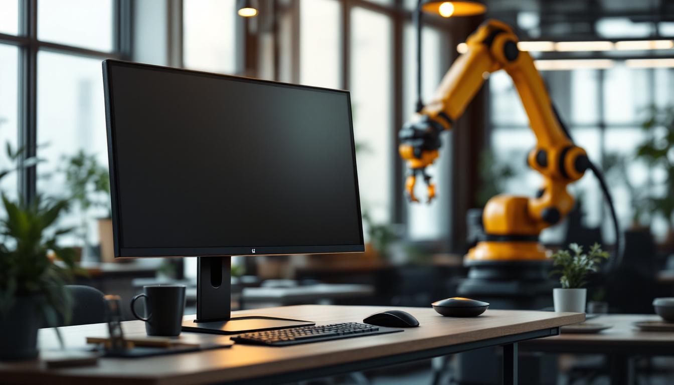 A photograph of a sleek floor-mounted monitor stand in a modern workspace