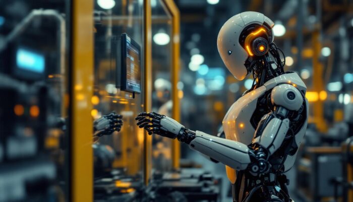 A photograph of a realistic-looking robot interacting with industrial machinery in a modern factory setting