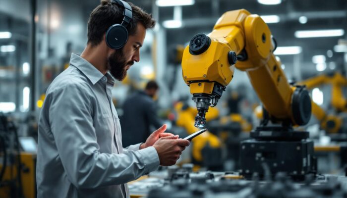 A photograph of a skilled simulation specialist working alongside an industrial robotic arm in a high-tech lab setting