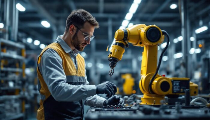 A photograph of a test engineer in a modern industrial setting