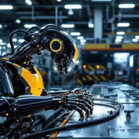 A photograph of a sleek industrial robot in action within a modern manufacturing facility