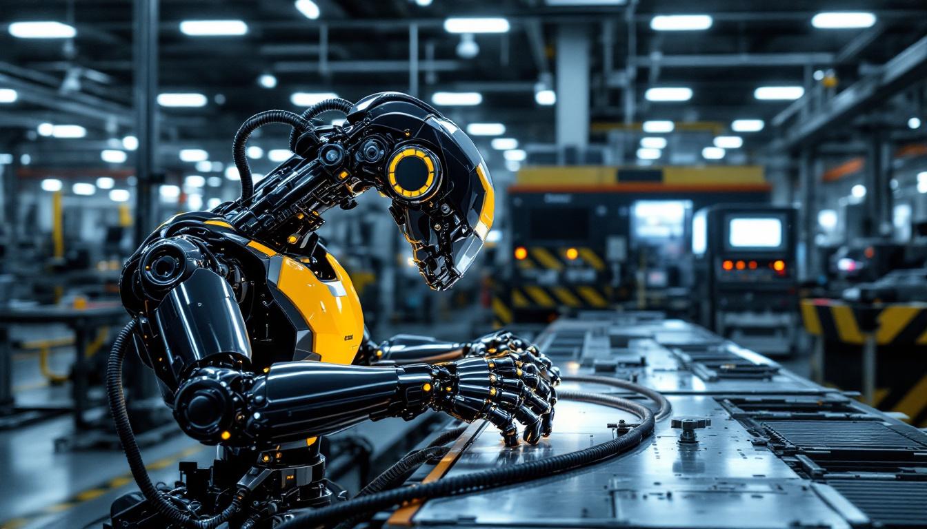 A photograph of a sleek industrial robot in action within a modern manufacturing facility