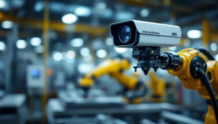 A photograph of capture a photograph of an american dynamics camera mounted on a sleek industrial robotic arm in a dynamic factory setting