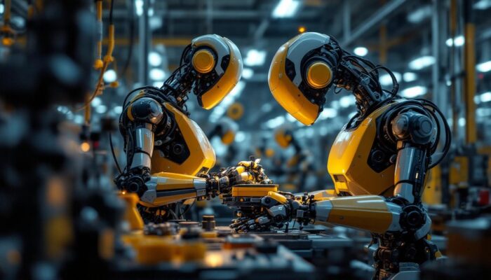 A photograph of a modern industrial robot in action within a factory setting