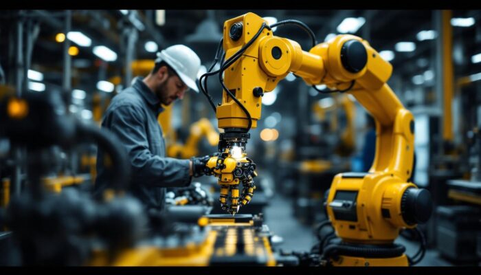 A photograph of a dynamic scene showcasing a collaborative industrial robot working alongside human operators in a boston-based manufacturing setting