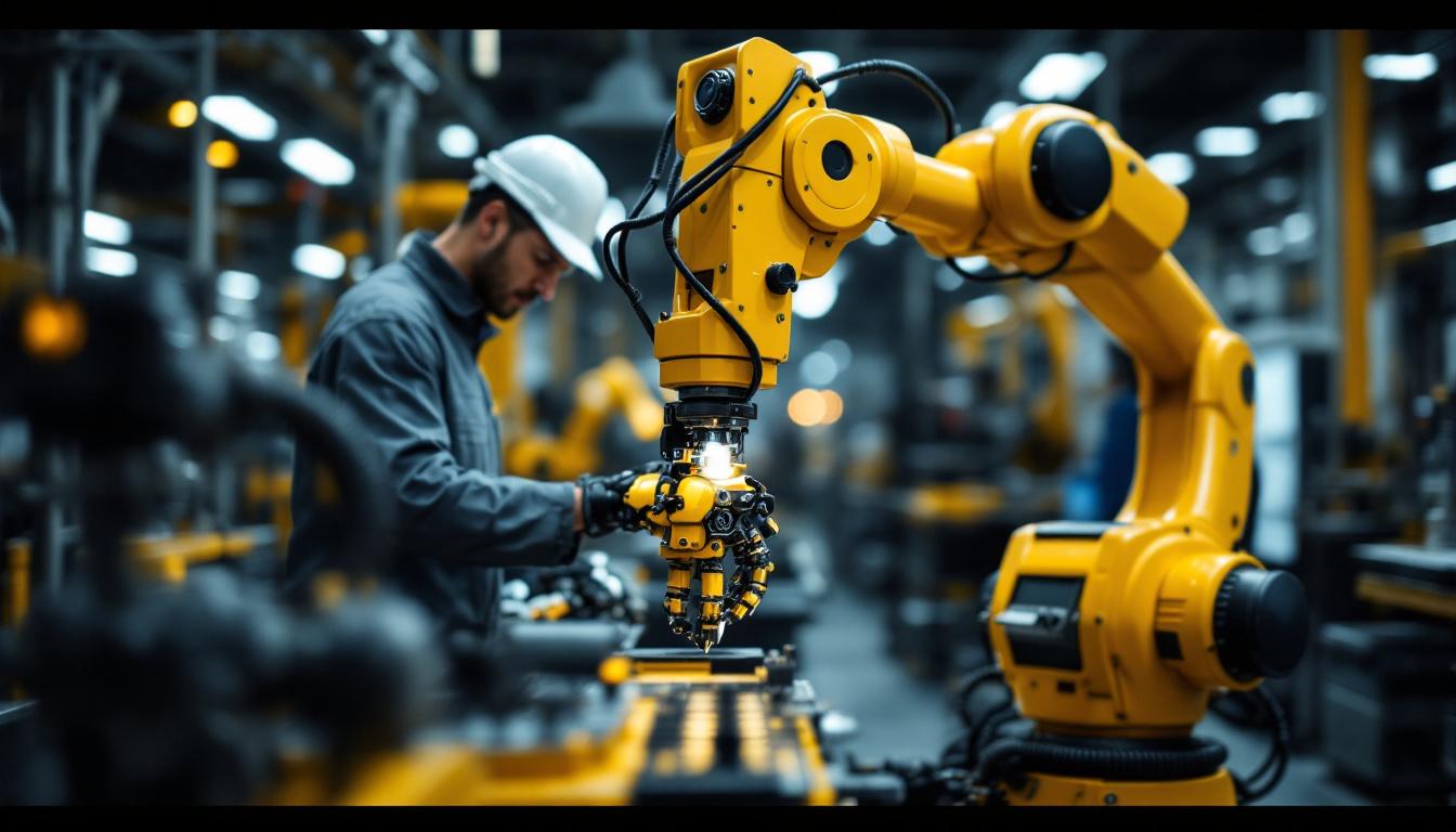 A photograph of a dynamic scene showcasing a collaborative industrial robot working alongside human operators in a boston-based manufacturing setting