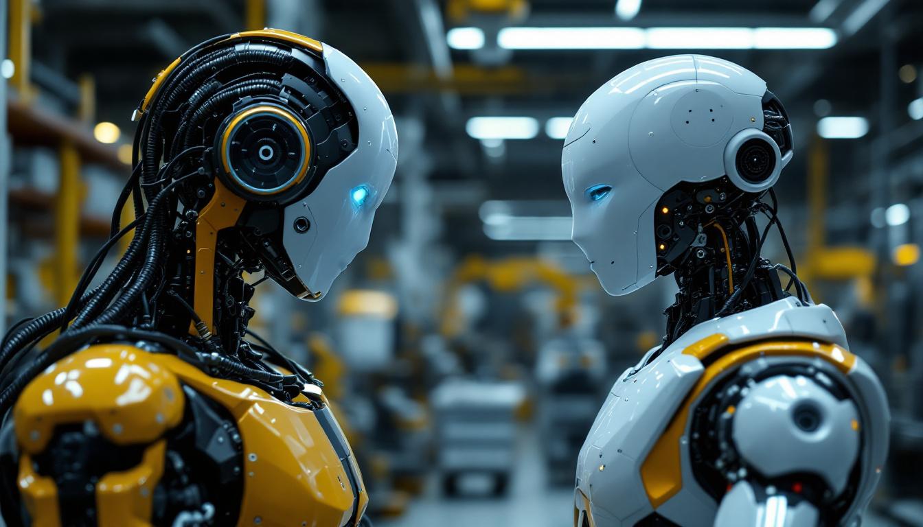 A photograph of a humanoid robot interacting with an industrial robot in a modern manufacturing environment