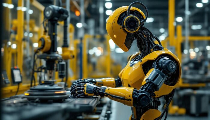 A photograph of a modern industrial robot in action within a manufacturing environment
