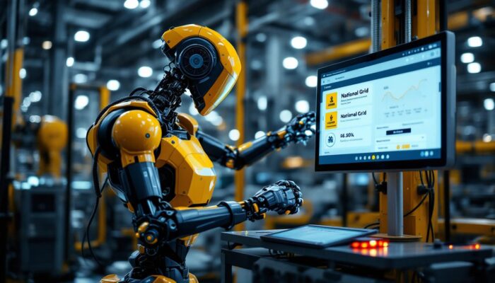 A photograph of a modern industrial robot in action within a manufacturing environment