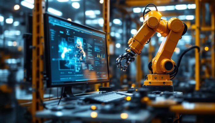 A photograph of a dynamic industrial robotics environment