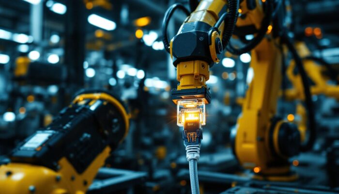 A photograph of an industrial robotic arm in action