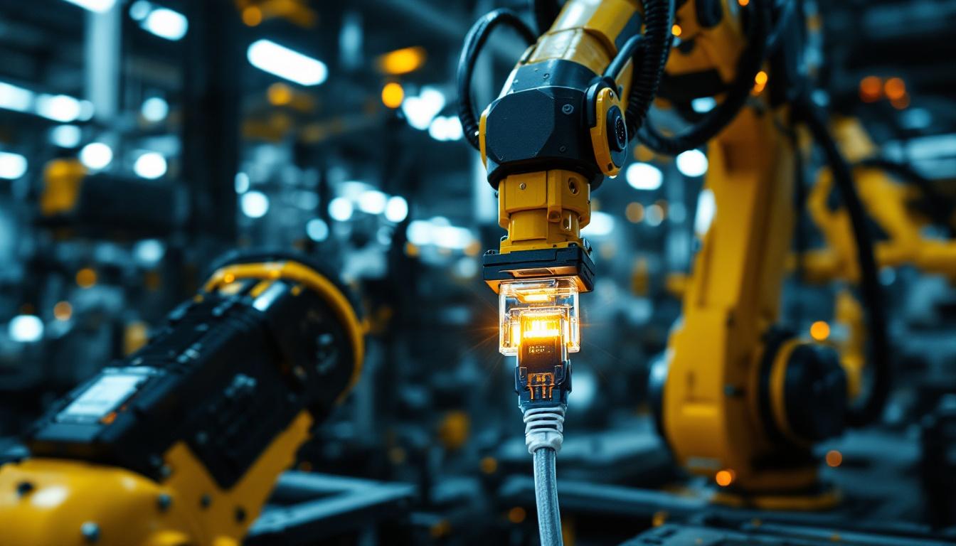 A photograph of an industrial robotic arm in action
