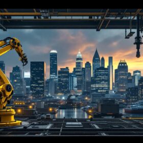A photograph of capture a photograph of the bustling boston skyline juxtaposed with a dynamic industrial robotics scene