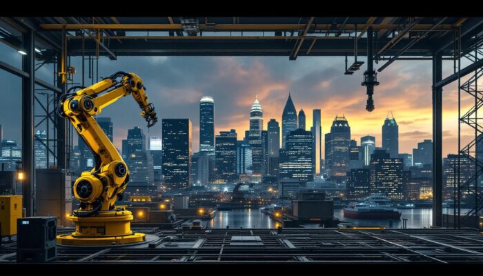 A photograph of capture a photograph of the bustling boston skyline juxtaposed with a dynamic industrial robotics scene