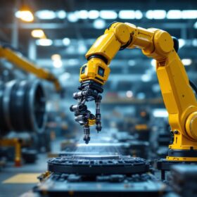 A photograph of a dynamic industrial workspace featuring a robotic arm in action