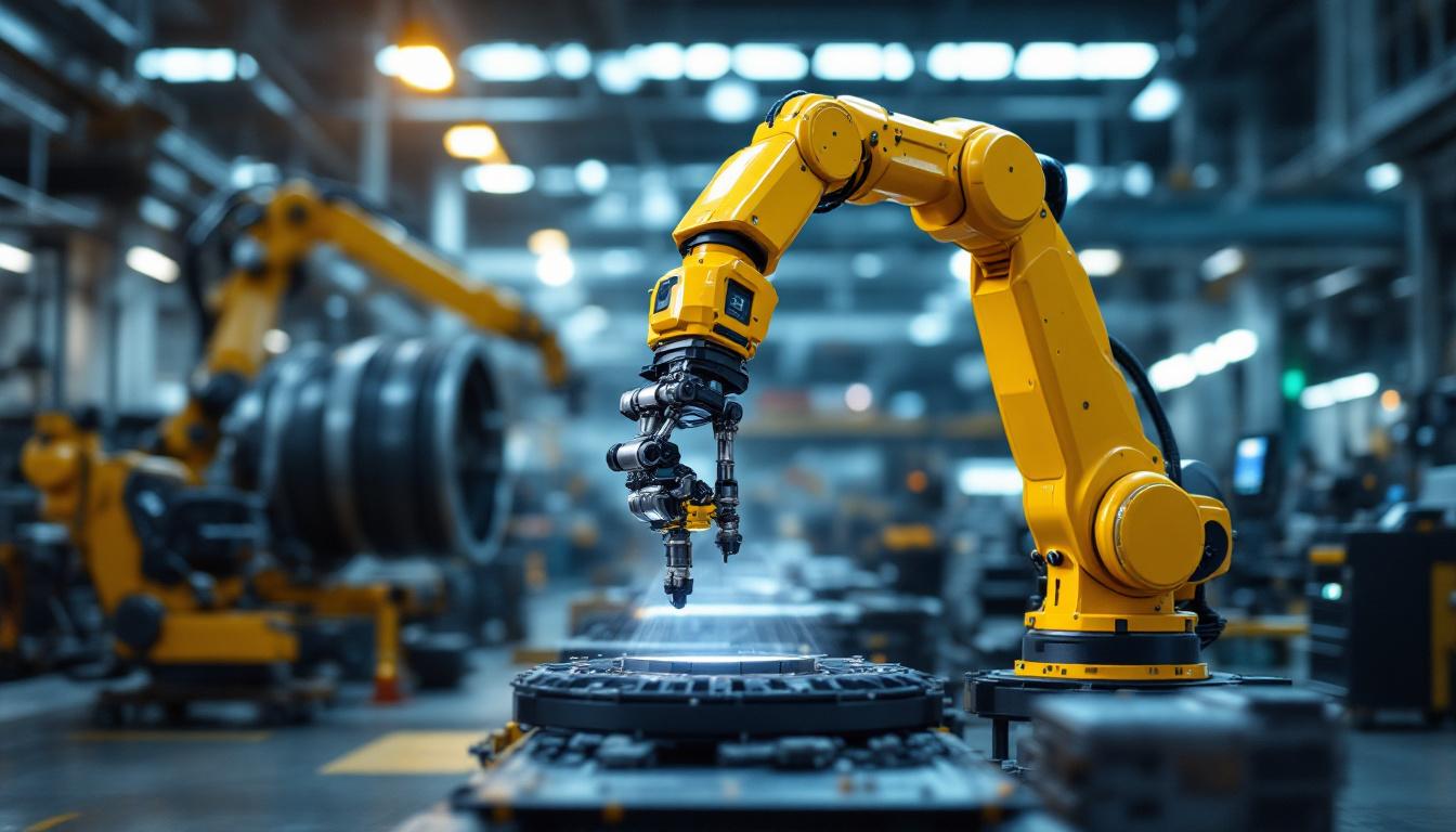 A photograph of a dynamic industrial workspace featuring a robotic arm in action